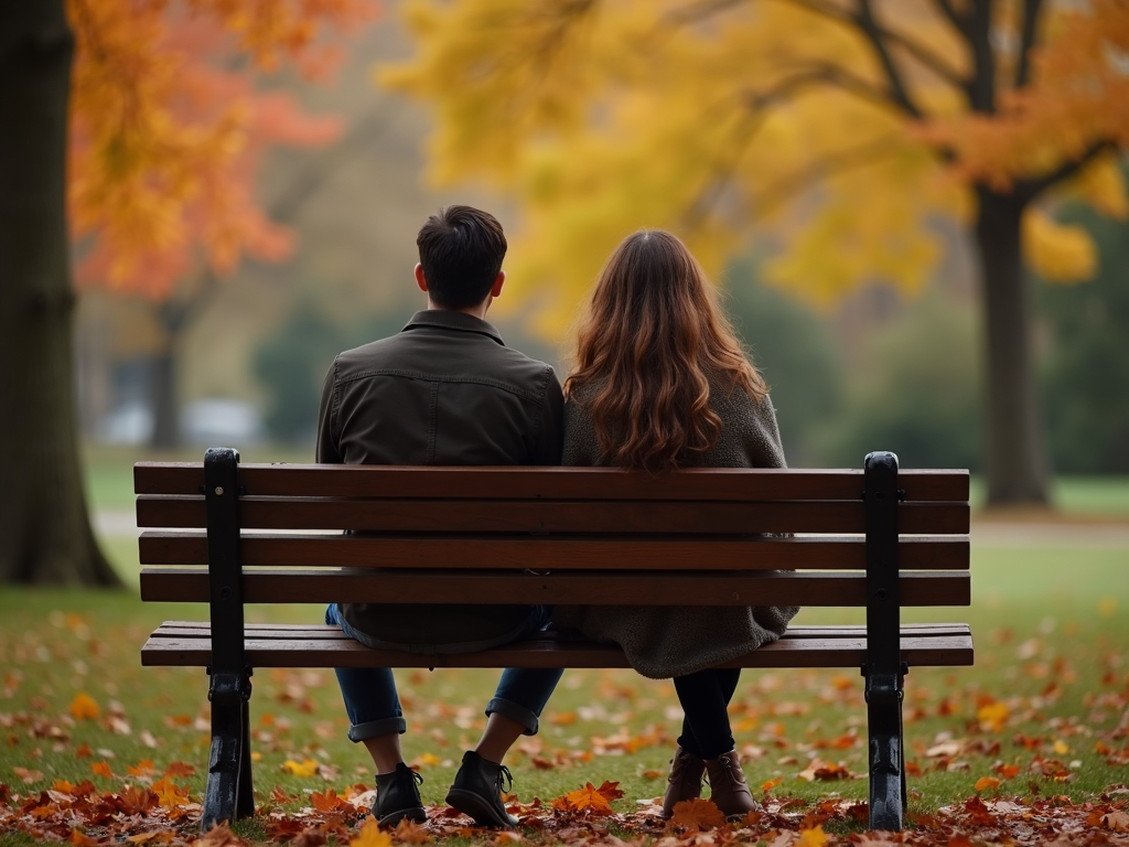 Couple sitting together on a park bench in autumn, deep in thought.
