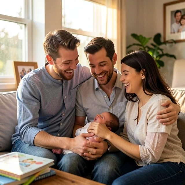 Gay male couple holding their newborn baby at home, celebrating family