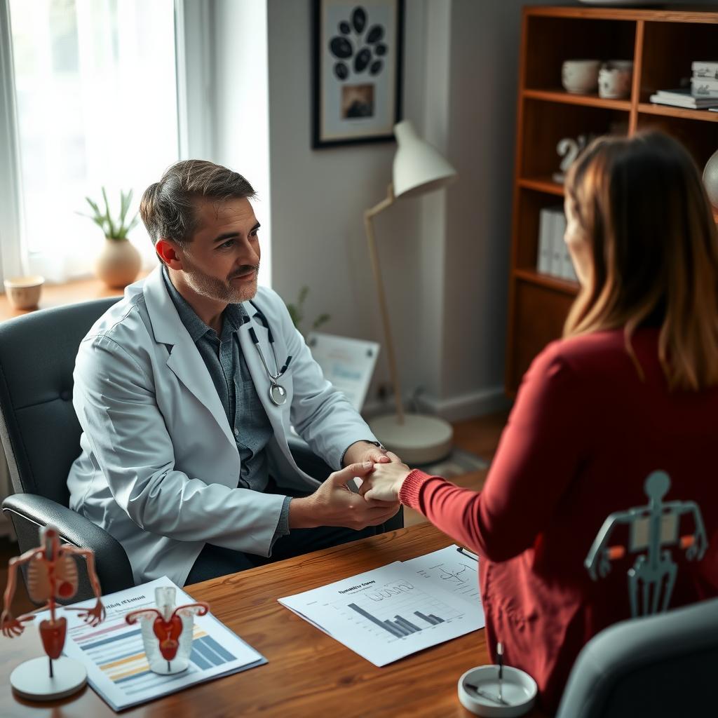 Doctor discussing azoospermia diagnosis with a couple in a consultation room
