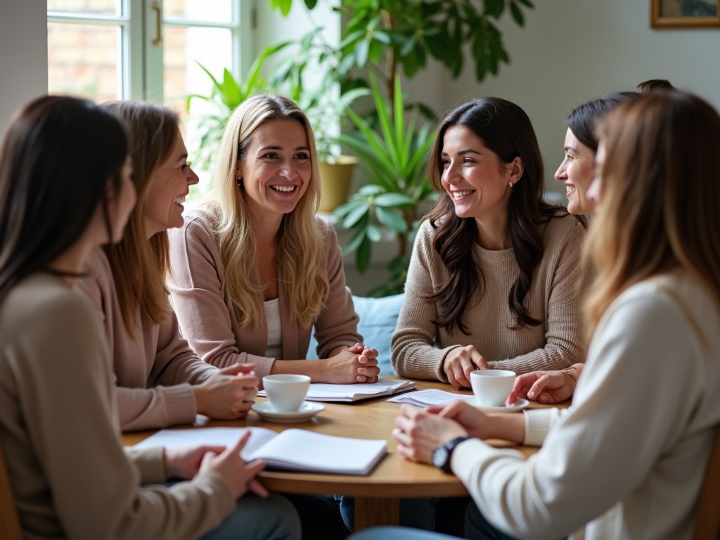 Support group session with diverse women discussing fertility and PCOS, showing community and shared experiences.