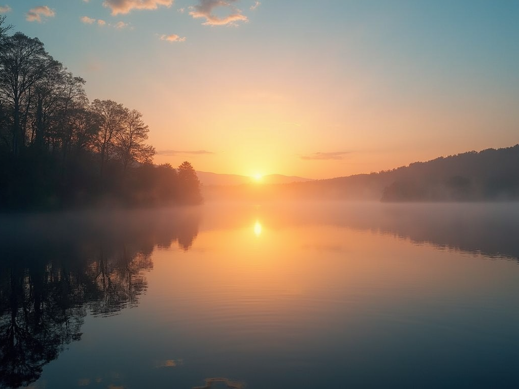 Serene sunrise over a lake symbolizing stress relief