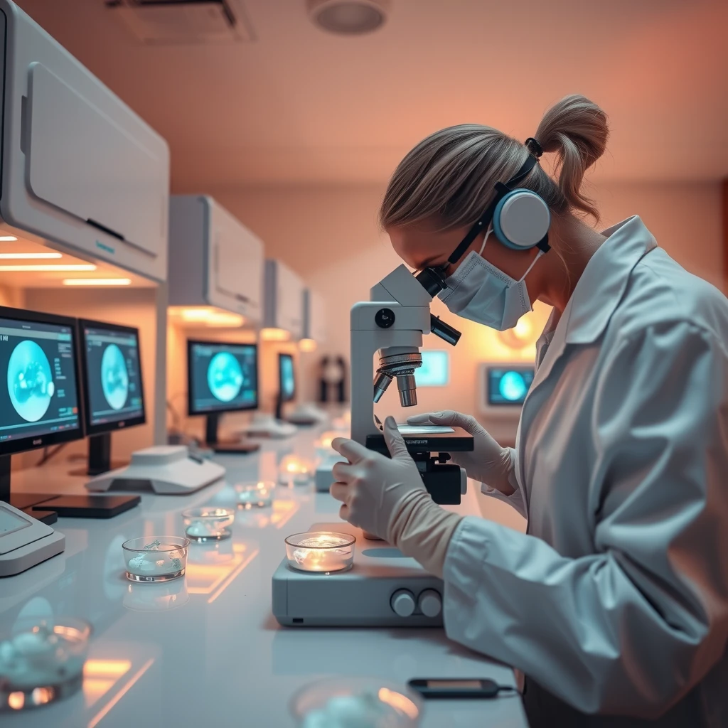 Embryologist monitoring embryos in IVF lab