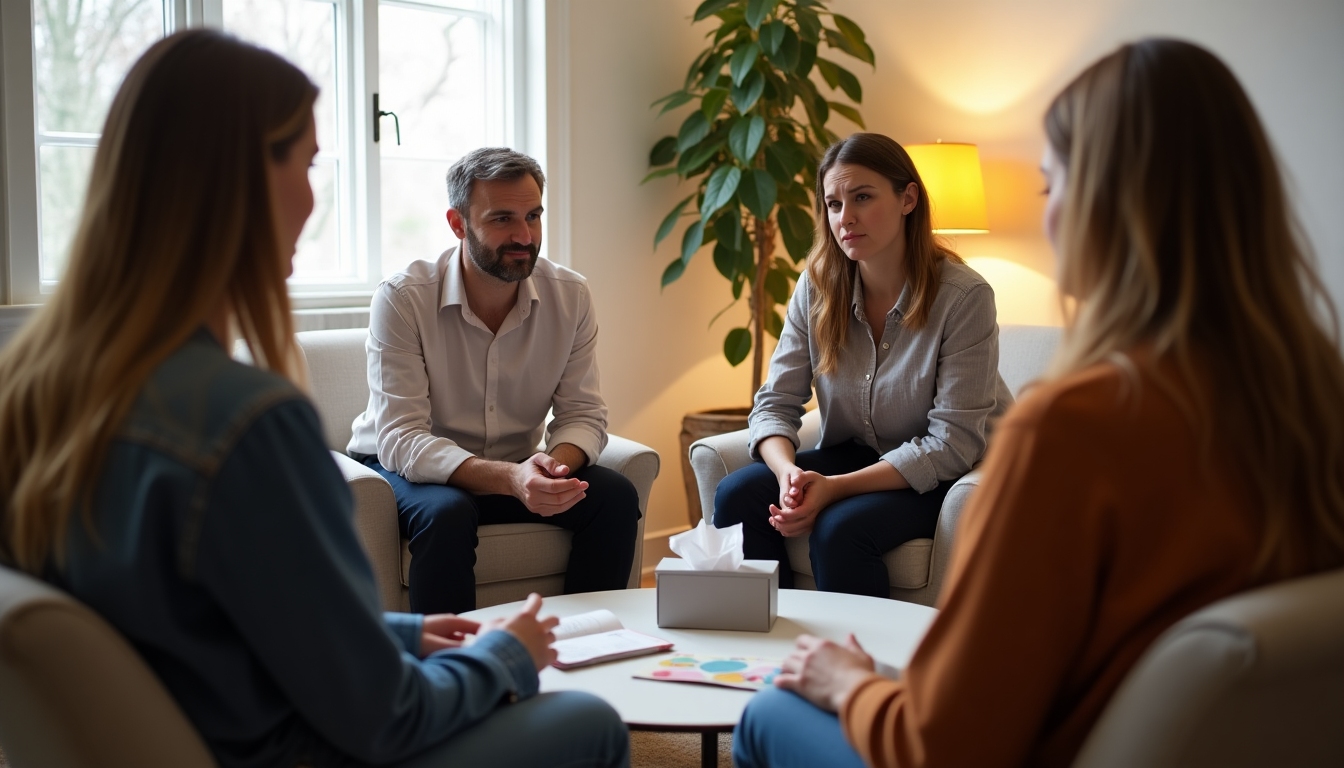 A community support group for couples experiencing infertility, engaging in a heartfelt discussion.
