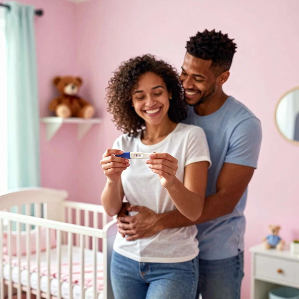 Couple celebrating positive pregnancy test in nursery