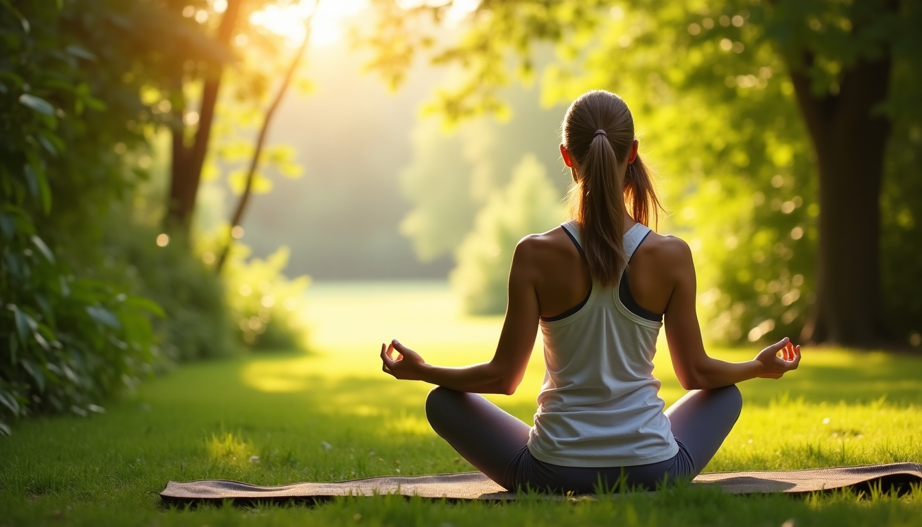 A woman practicing yoga in a peaceful setting, emphasizing the role of stress management in maintaining hormonal balance.