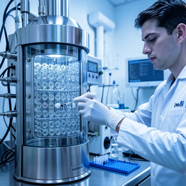 Sperm banking lab process showing frozen samples in storage
