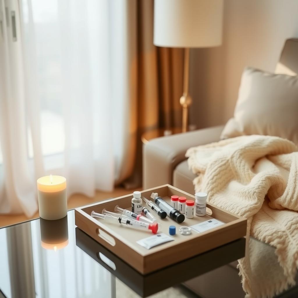 Cozy corner with IVF medication supplies, candle, and blanket.