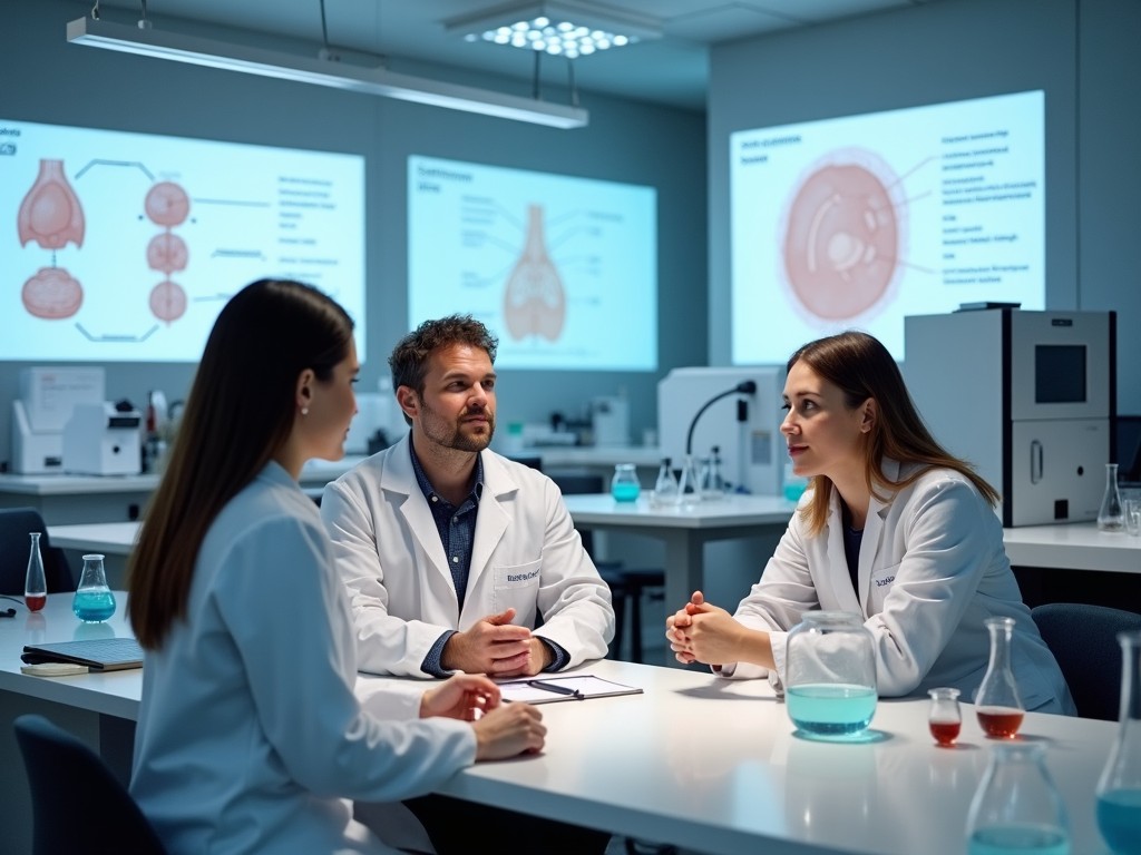 Professionals discussing egg freezing techniques in a lab setting