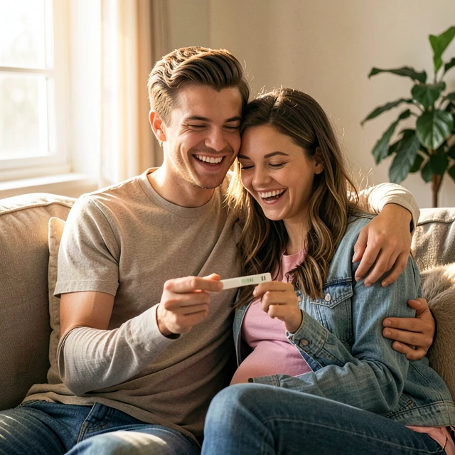 Couple celebrating positive pregnancy test