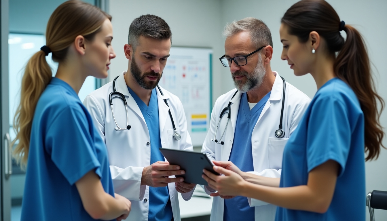 Multidisciplinary medical team discussing patient case in a modern clinic setting.