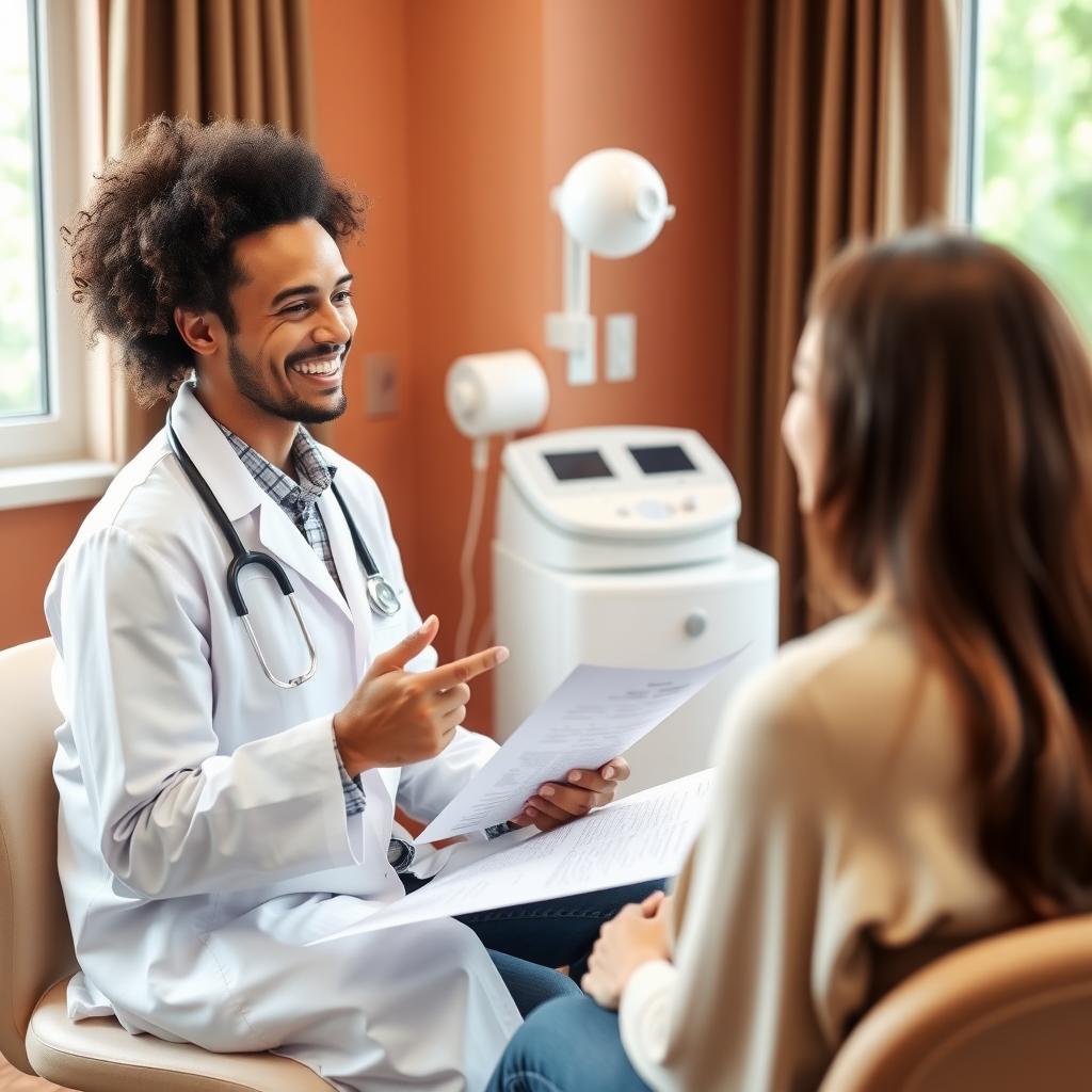 Fertility doctor explaining a chart to a patient in a cozy consultation room with modern equipment and greenery outside.