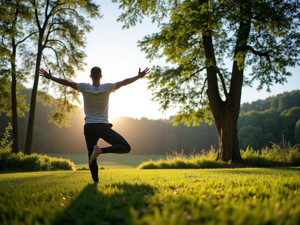 A man practicing yoga outdoors, symbolizing stress management.