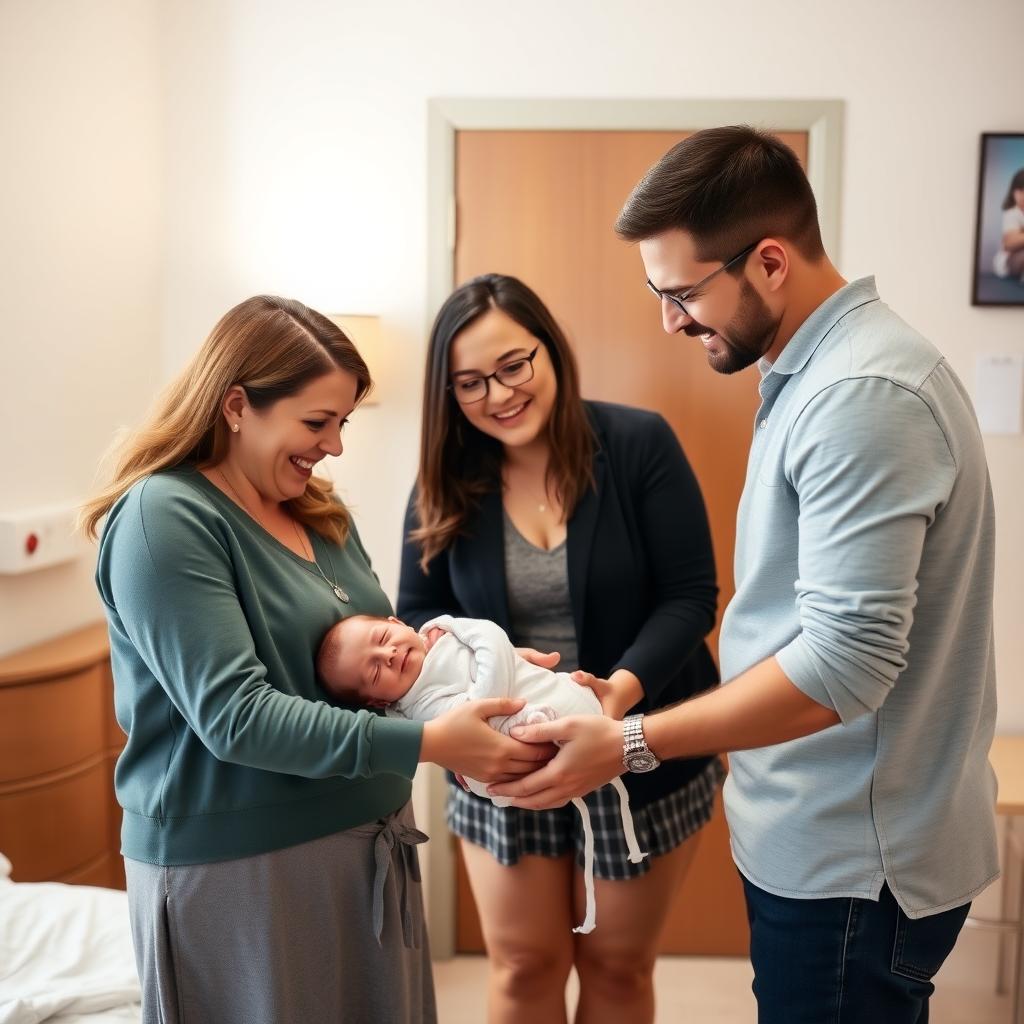 Surrogate handing baby to intended parents