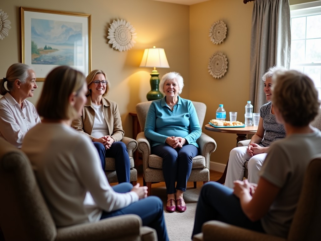 A support group meeting with cancer patients sharing stories and advice.