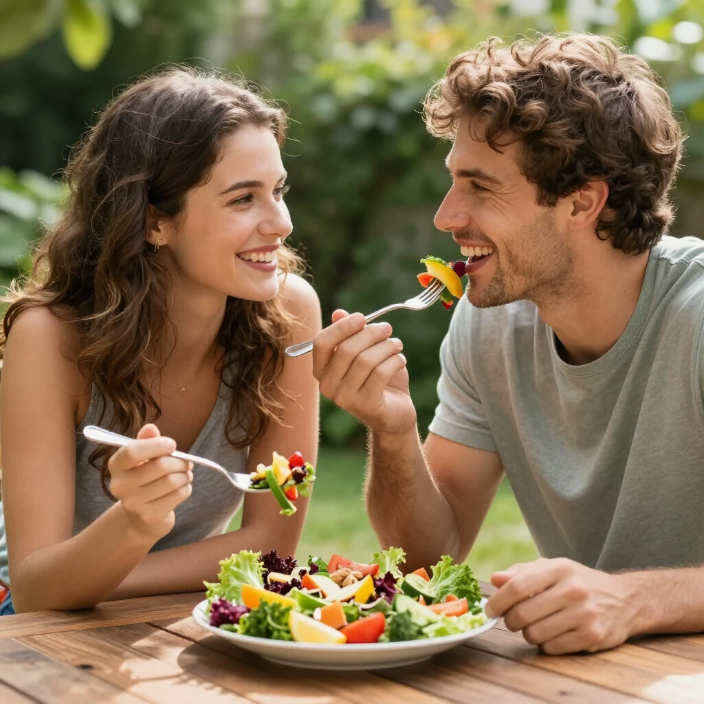 Happy couple enjoying a healthy fertility-boosting salad outdoors
