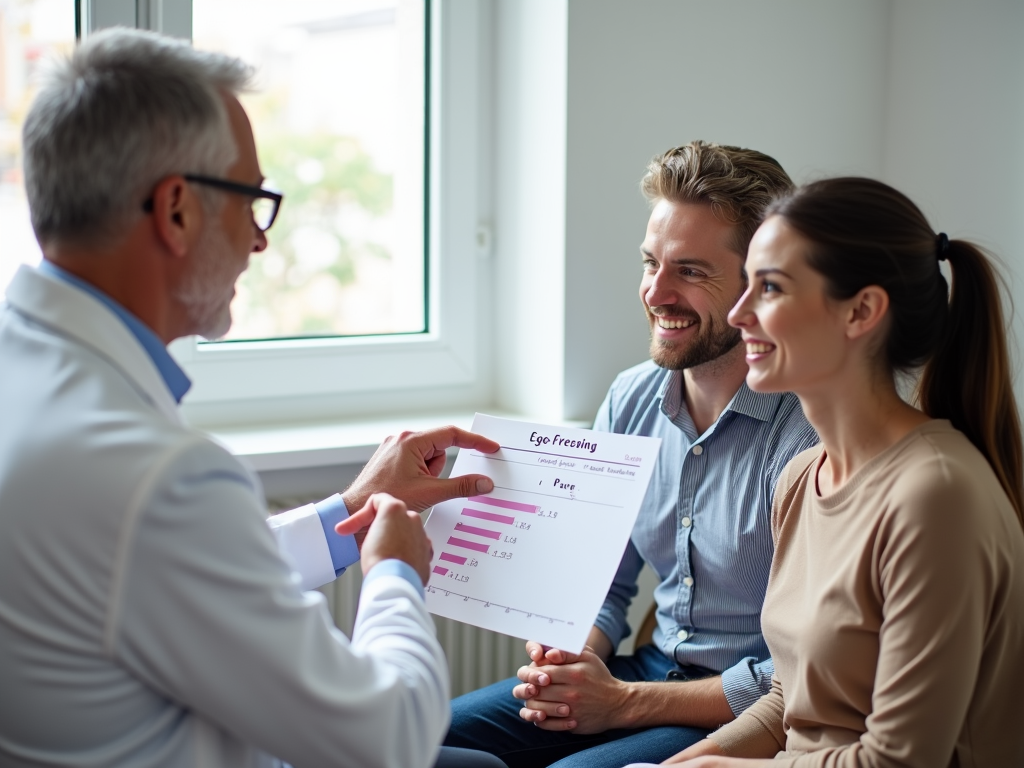 A couple learning about fertility preservation from a doctor.