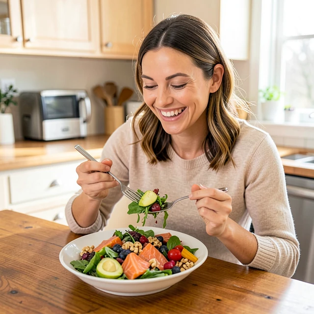Woman eating a nutritious hormone-balancing meal with fresh vegetables, proteins, and healthy fats