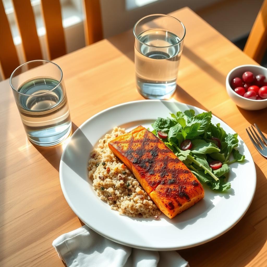 A healthy meal with salmon, quinoa, and vegetables on a wooden table.