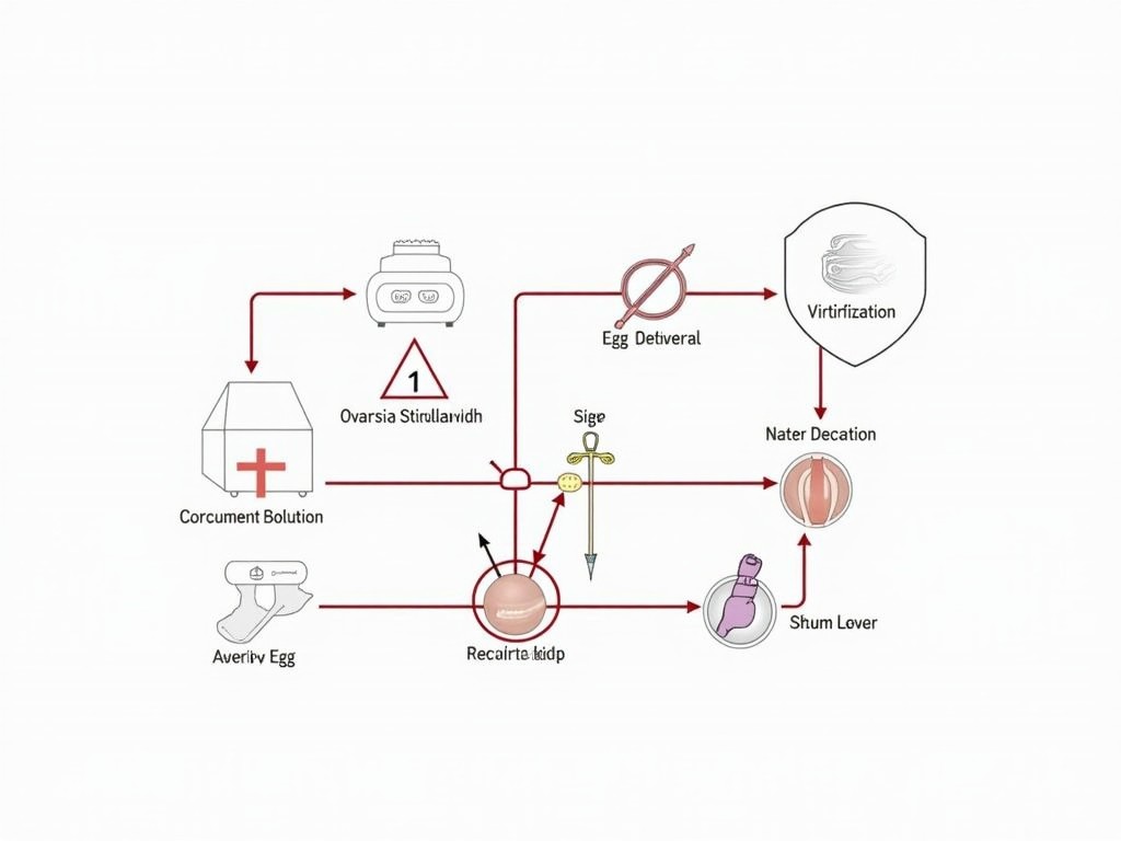 Diagram showing the egg freezing process, illustrating steps like ovarian stimulation and vitrification.