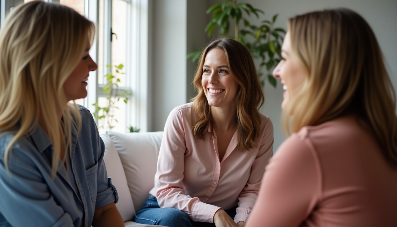 A group of women sharing their experiences in a cozy support group setting.