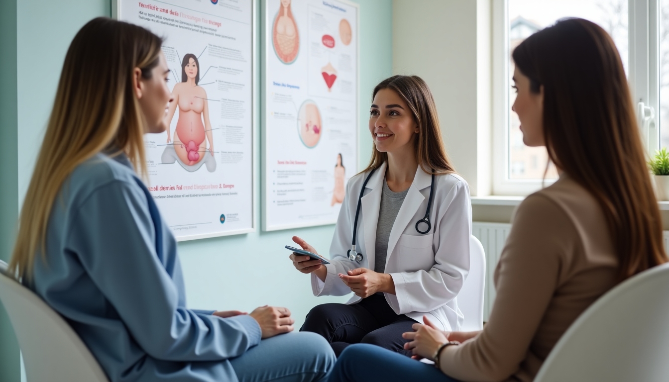 A fertility specialist explaining IVF procedure to a patient using visual aids in a consultation room.