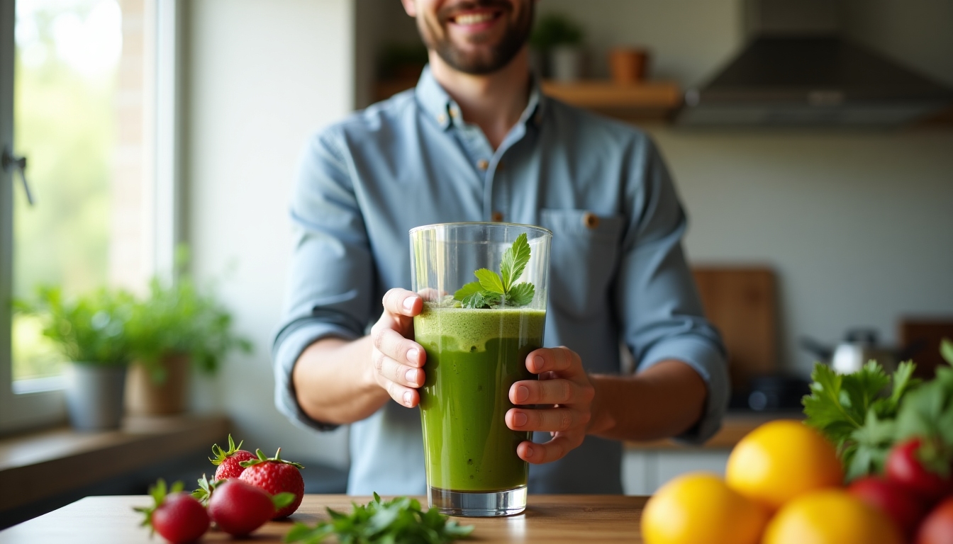 Man preparing a smoothie with leafy greens and fruits