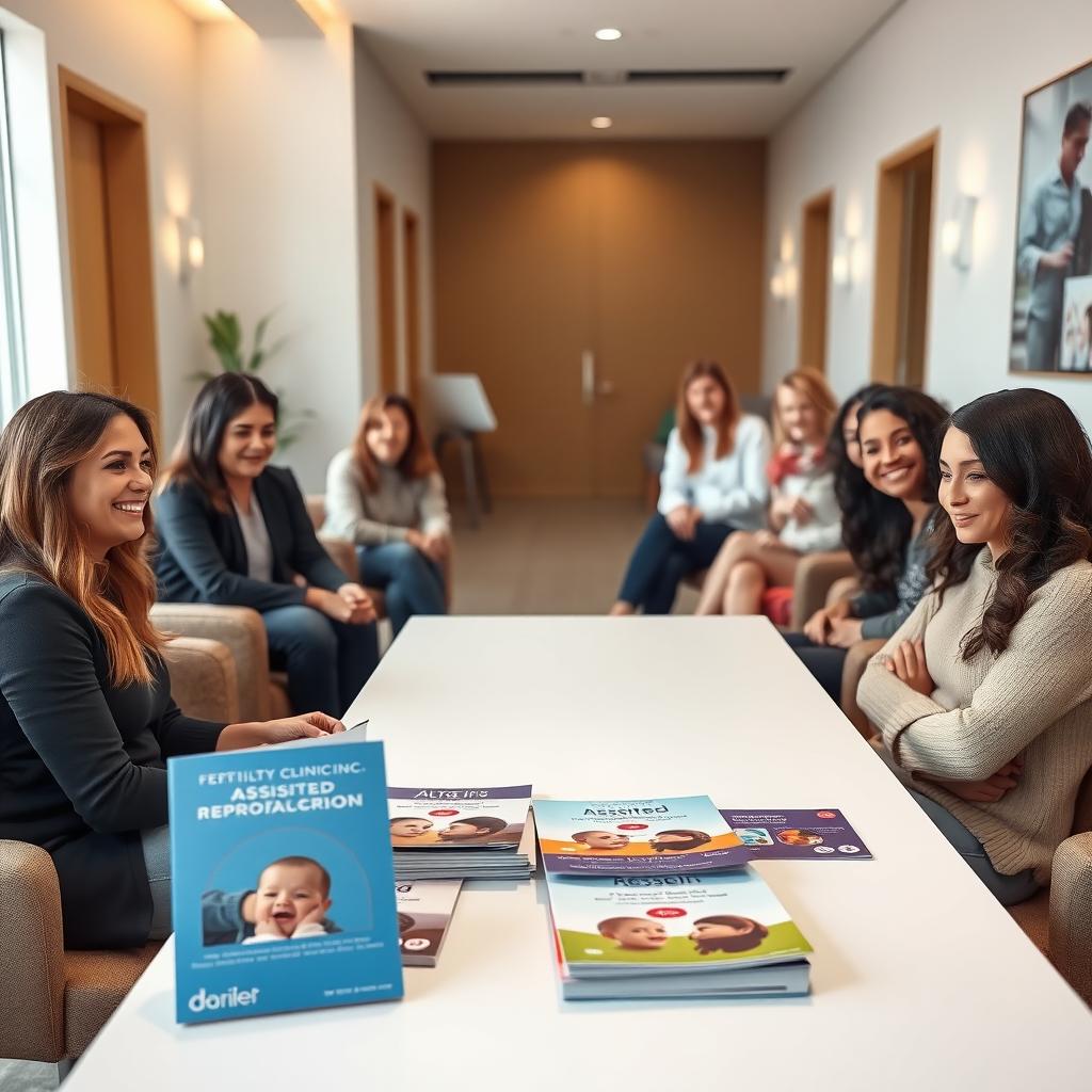 A diverse group in a fertility clinic waiting room with brochures on assisted reproduction.