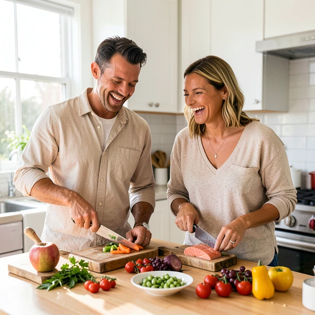 Couple cooking nutritious superfoods meal in kitchen, representing shared fertility journey