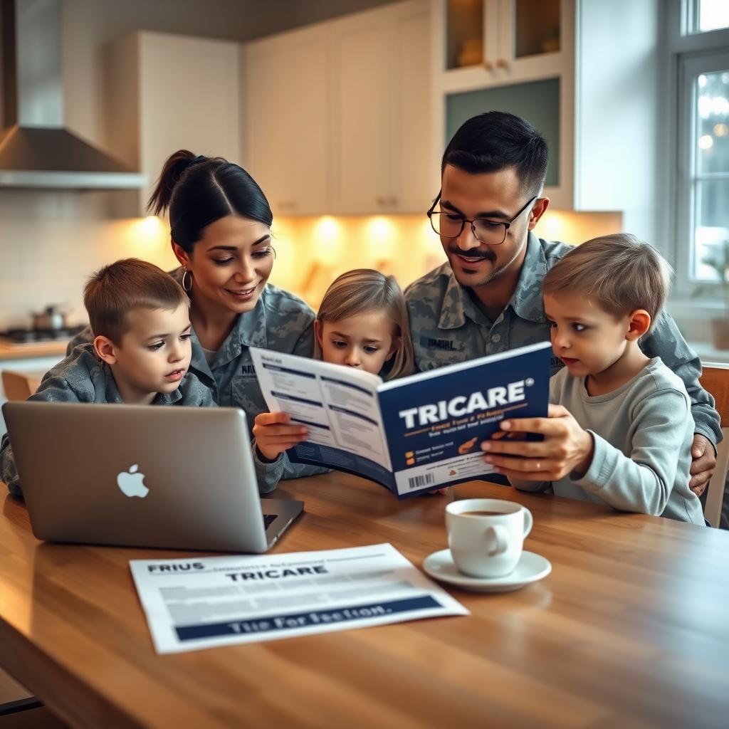 Military family reviewing TRICARE paperwork at a kitchen table