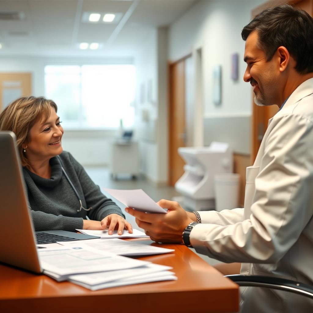 Hospital social worker assisting a cancer patient with financial aid forms in a bright office