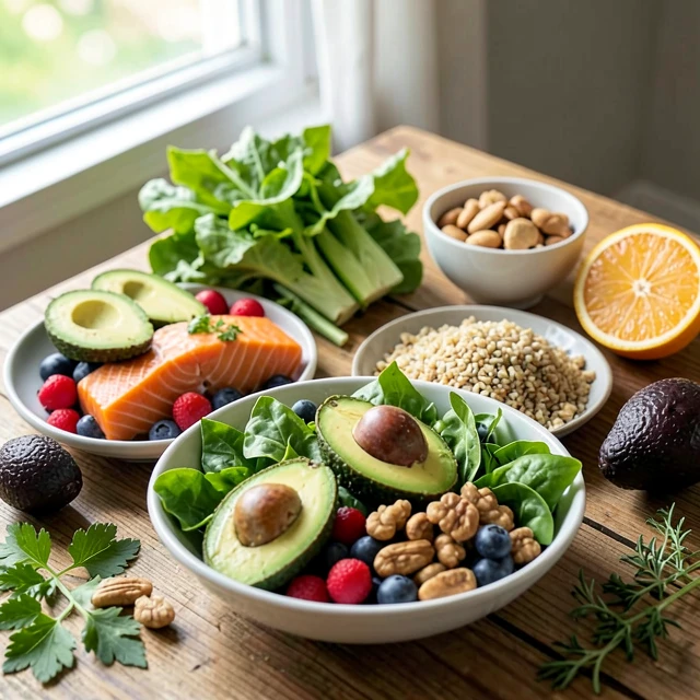 Colorful plate of fertility-boosting foods including salmon, berries, avocados, and greens