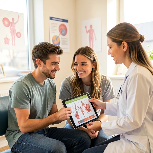 Young couple consulting with doctor about fertility preservation options after cancer diagnosis