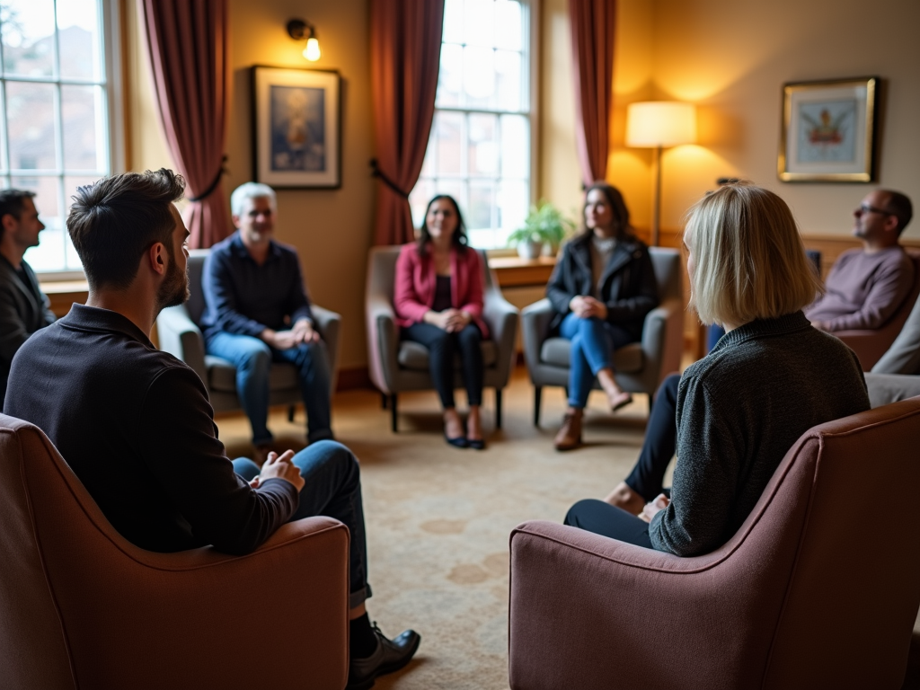 A support group gathers to share experiences and offer comfort in a cozy space.