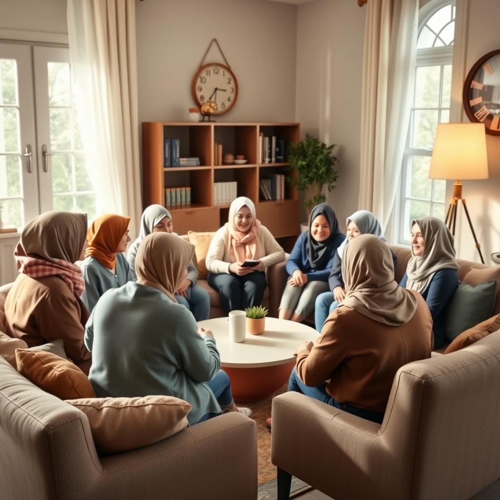 A diverse group of people sitting in a cozy room, sharing experiences in a supportive cancer support group.