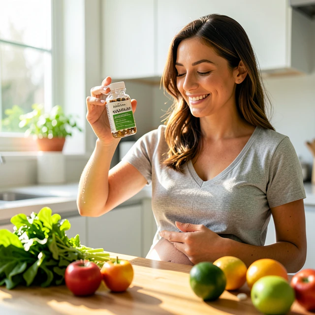 Pregnant woman preparing to take her daily prenatal vitamins at home