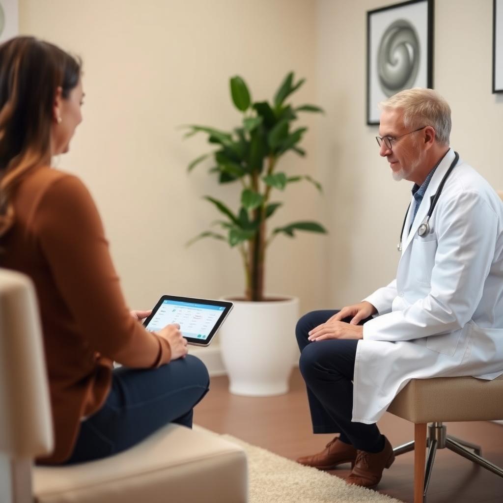 A doctor discusses fertility clinic success rates with a couple in a cozy consultation room.