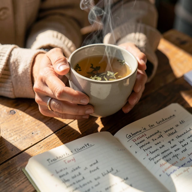 Woman practicing self-care with tea and journaling to ease stress