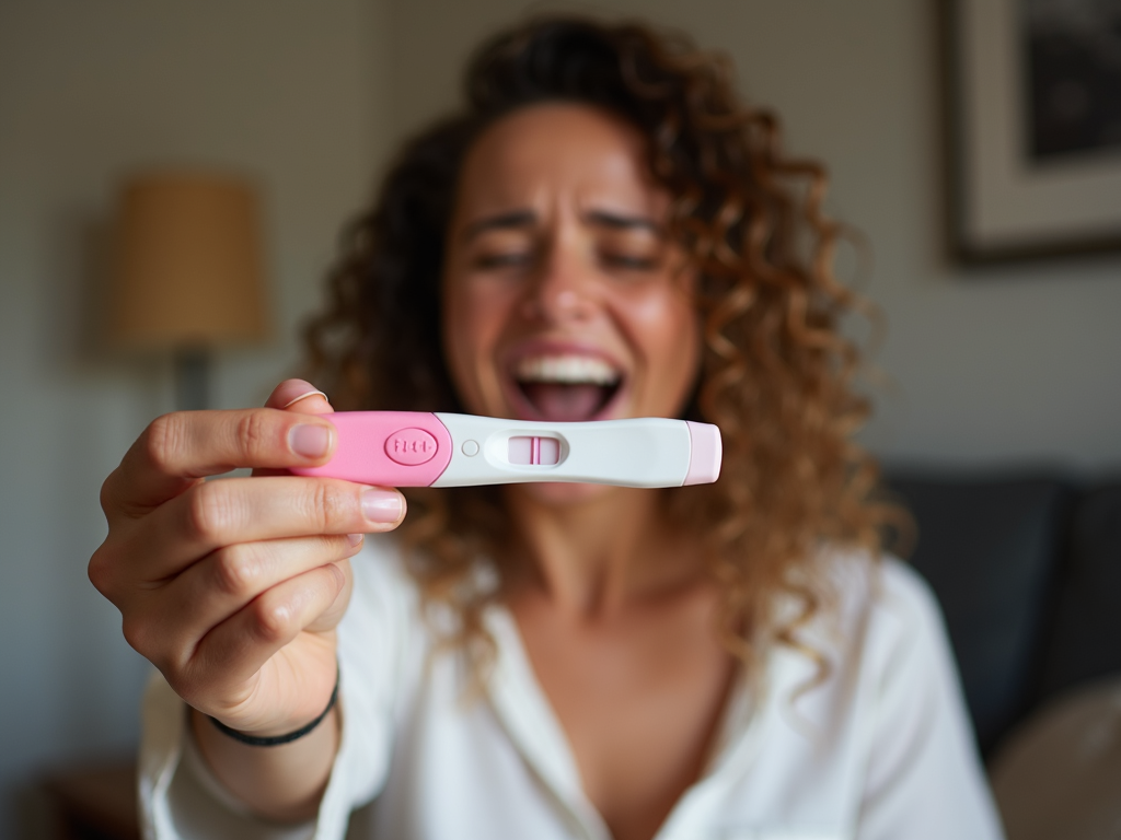 Single woman celebrates positive pregnancy test after IVF