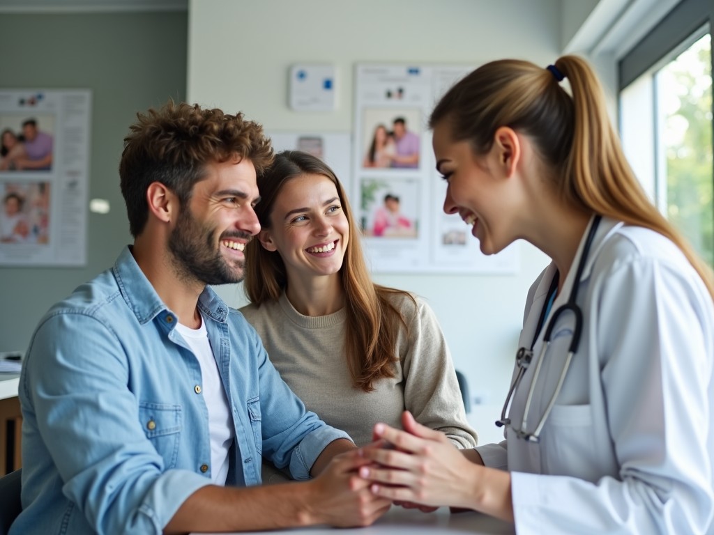 Couple holding hands as they consult with a fertility specialist.