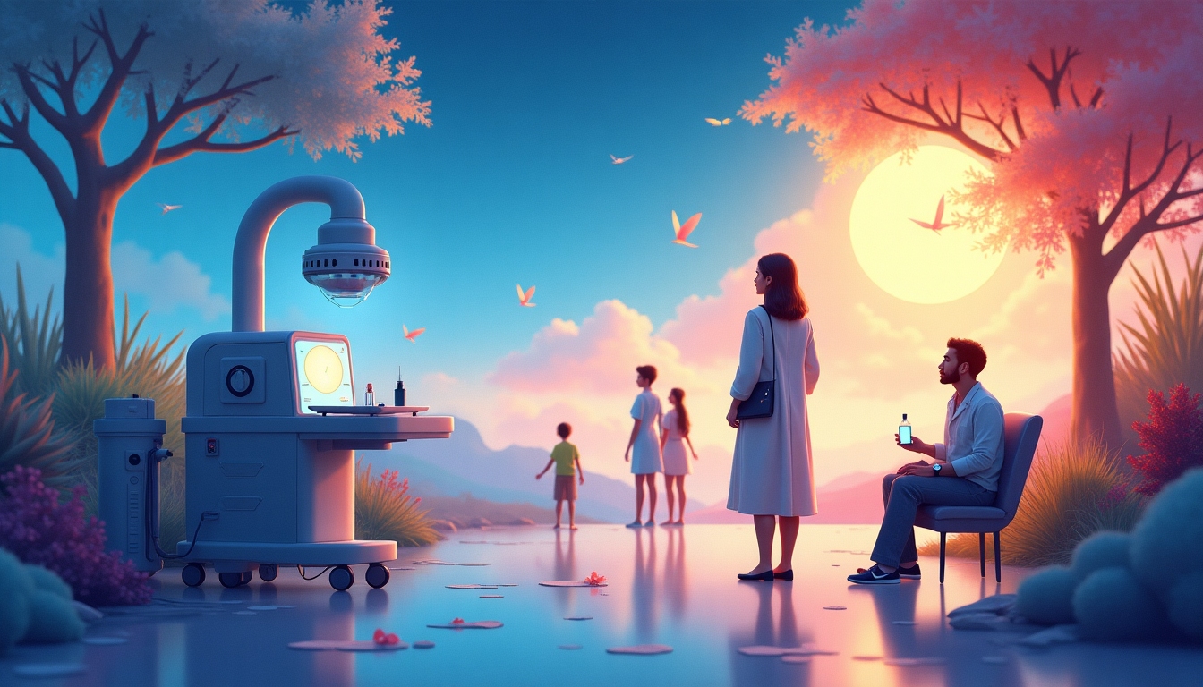 Illustrative representation of future trends in fertility preservation with futuristic medical technology and hopeful patients.