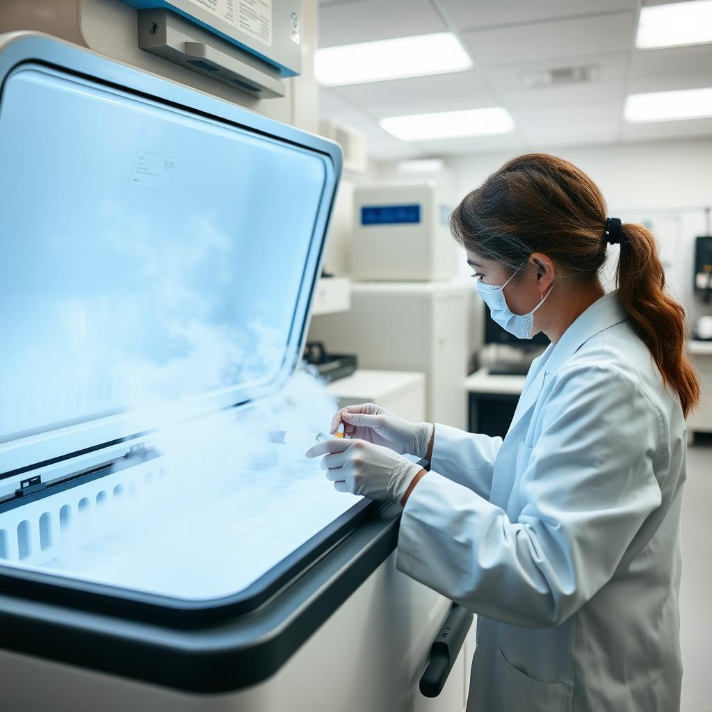 A scientist in a lab handling vials in a cryogenic storage tank for fertility preservation.