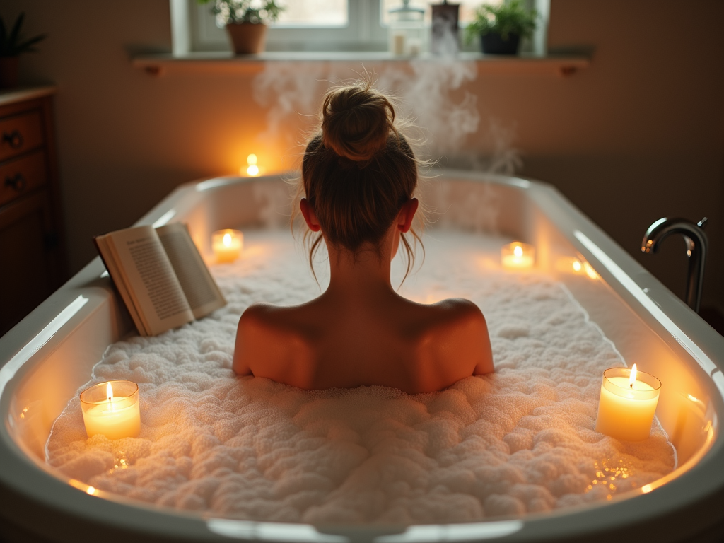 A person relaxing in a bubble bath with candles, showing a stress relief idea.