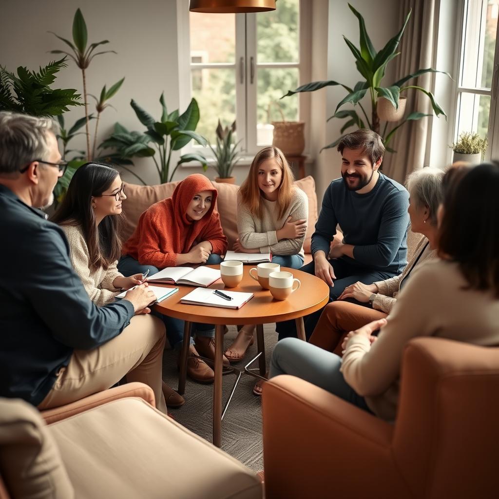 A support group meeting in a cozy, well-lit room