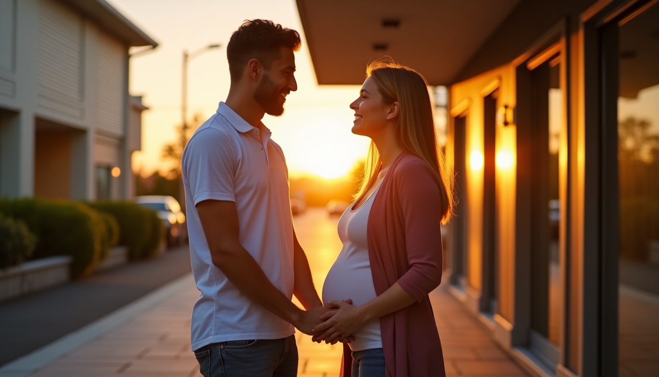 Couple outside fertility clinic at sunset