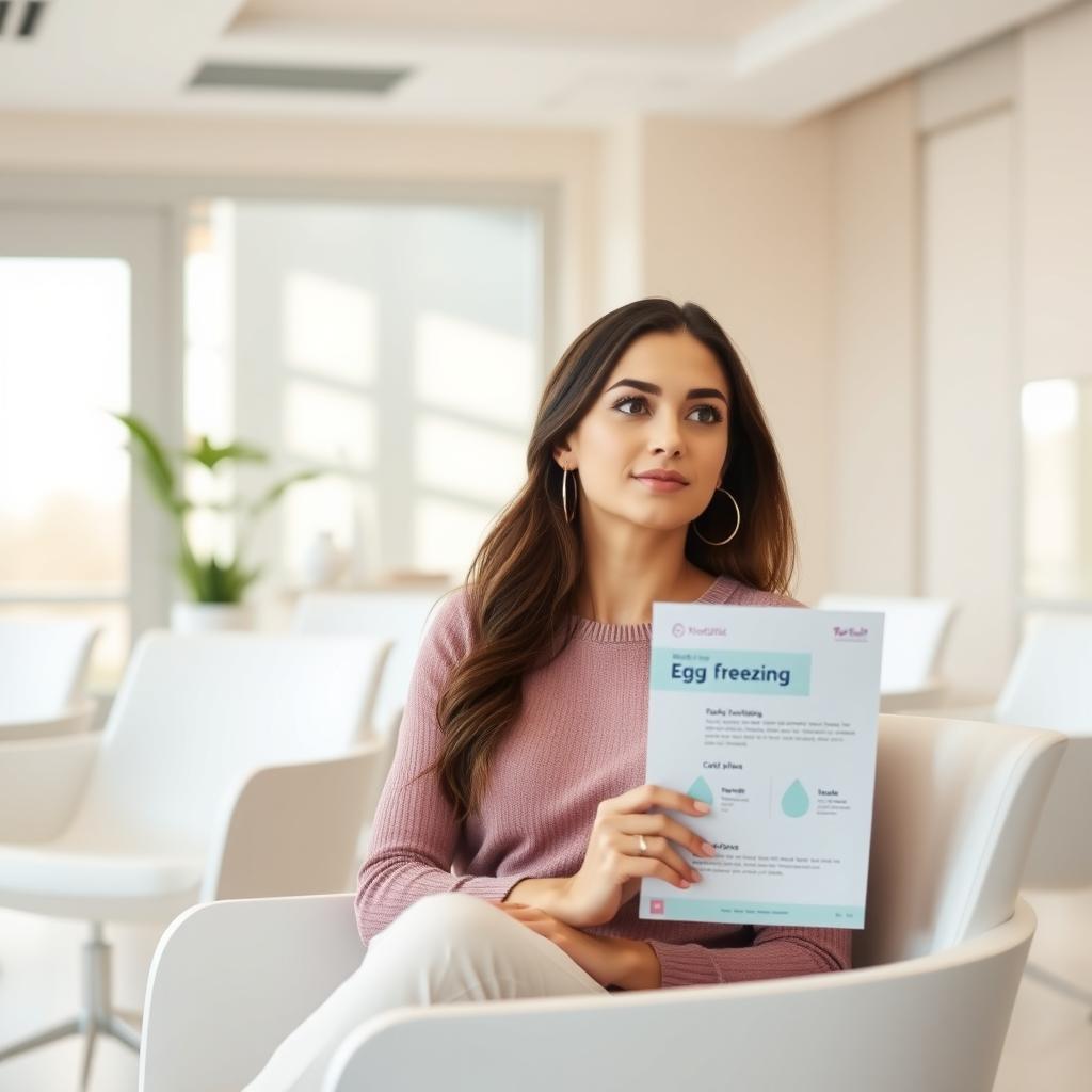 A woman in a modern fertility clinic waiting room, holding an egg freezing pamphlet, bathed in soft natural light.