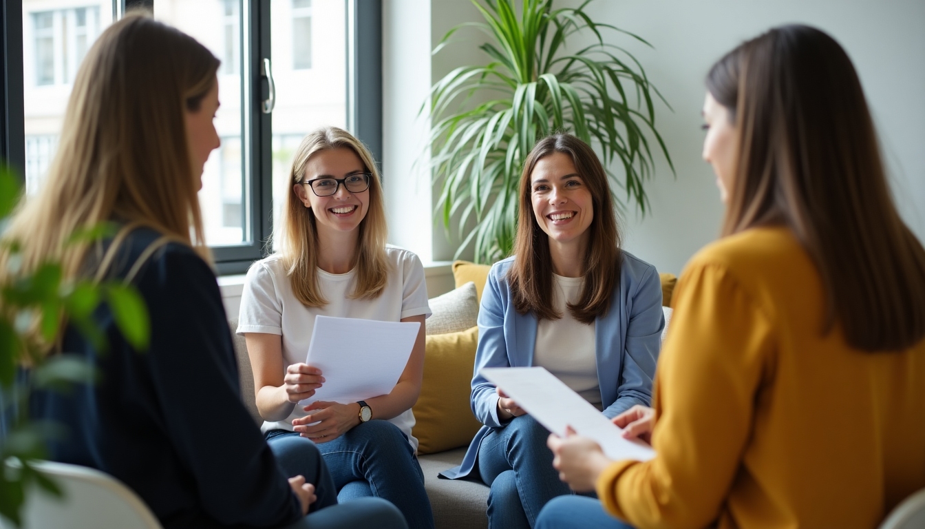 Coworkers discussing fertility benefits at a casual office meeting.