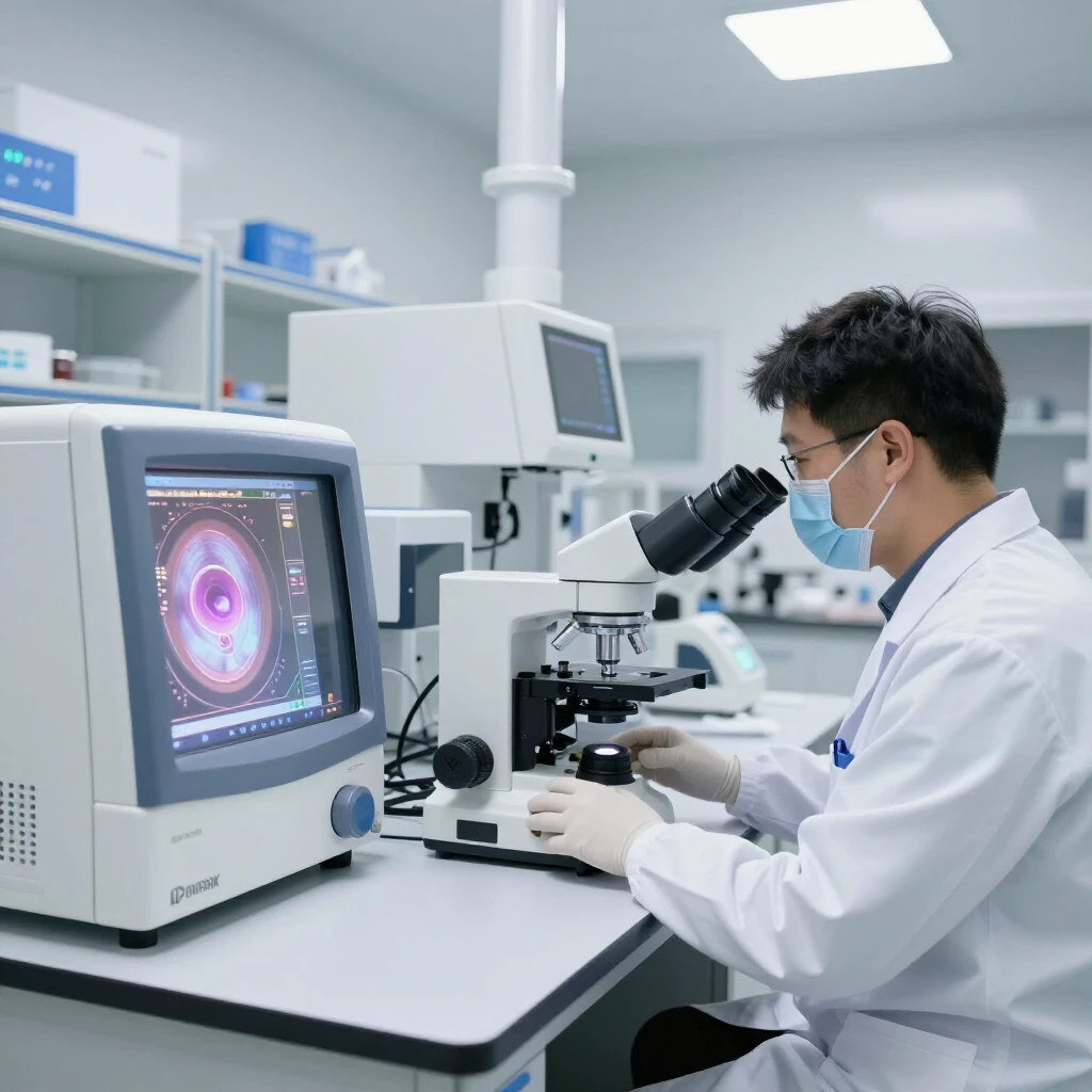 Modern IVF laboratory with embryologists working on embryos under microscopes