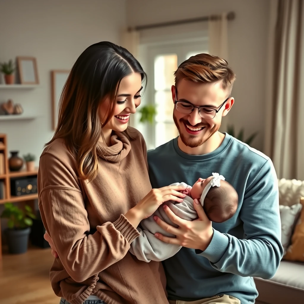 Happy parents holding newborn baby in joyful family moment at home