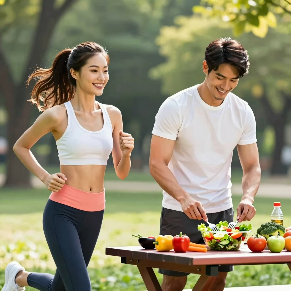 Healthy couple exercising and eating nutritious food for better fertility