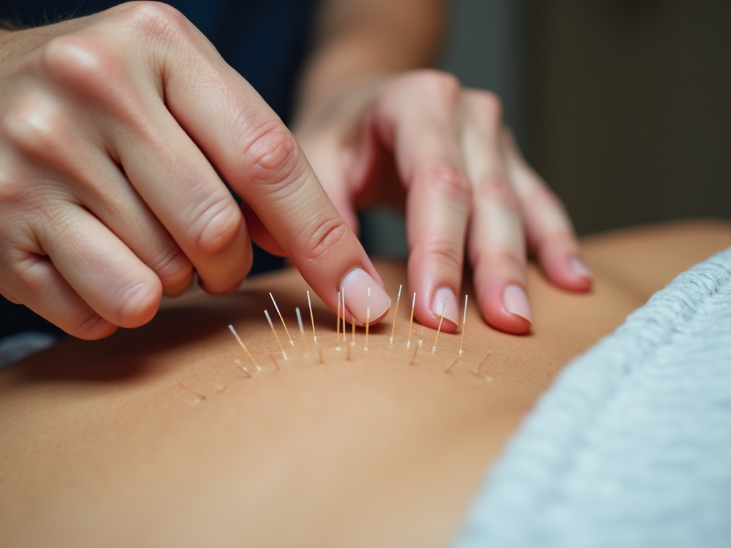 Acupuncturist’s hands inserting needles with expertise during a session.